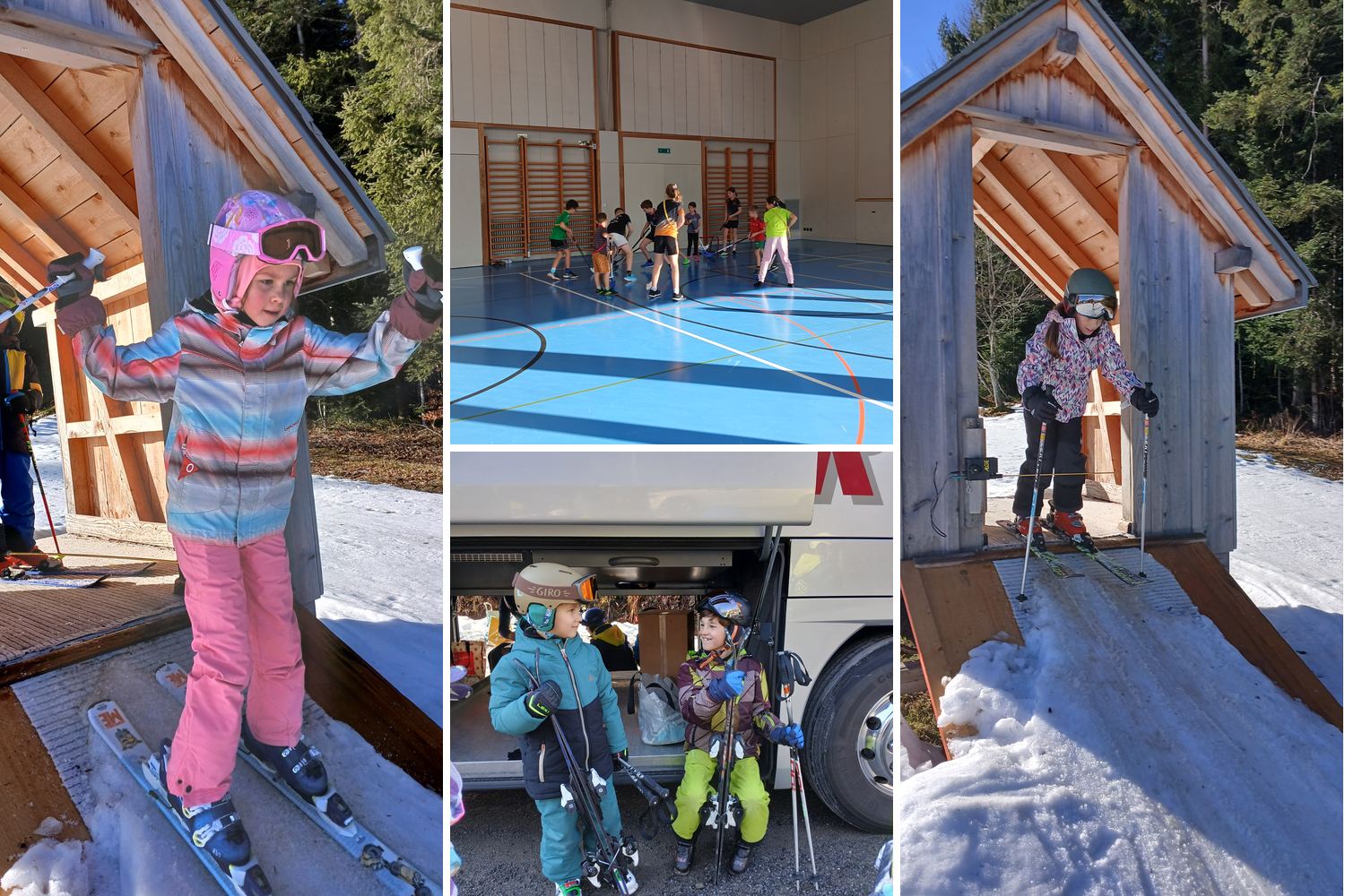 Fotocollage aus der JO: Kinder am Start, im Hallentraining und vor dem Car